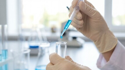 Close-up of scientist hands in gloves using a pipette to drop blue liquid into a test tube in a modern laboratory for medical research and chemical analysis.
