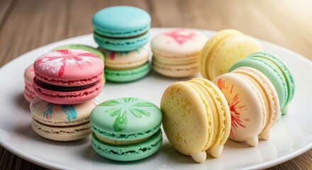 Colorful macarons arranged on a white plate bring a touch of sweetness to any occasion, perfect for bakeries, cafes, and delightful dessert menus