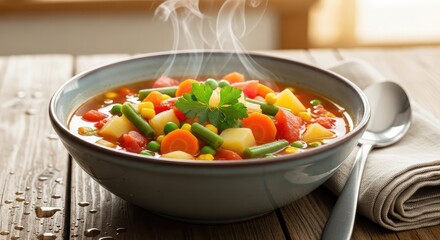 Warm up with a hearty steaming bowl of fresh vegetable soup, perfect for healthy eating and cozy autumn dinners, a delicious and vibrant vegan meal option