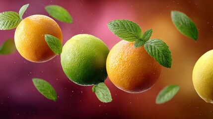 Vibrant floating citrus fruits including oranges, lemons, and limes, surrounded by fresh mint leaves, creating a colorful and refreshing visual experience with a dynamic background