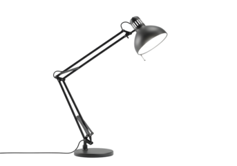 Modern black adjustable desk lamp with flexible arm providing bright light, isolated on a clean white background for design clarity