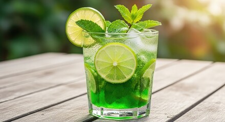 Refreshing mojito cocktail drink with fresh mint and lime on wooden table, perfect for summer parties, tropical vacations, and vibrant lifestyle promotions