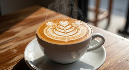 Enjoy a delicious latte with beautiful latte art on a sunny morning, perfect for coffee lovers and cafe vibes or breakfast promotions with steaming coffee