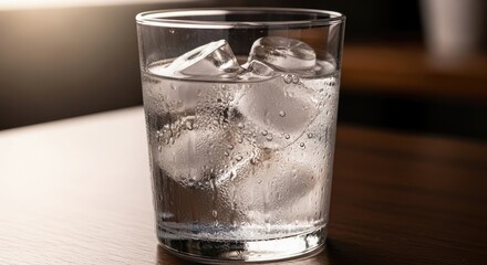 Refreshing glass of ice water on a dark wooden table, perfect for summer promotions or health and wellness campaigns, offering cool hydration and pure refreshment