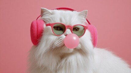 Playful white cat wearing pink headphones and sunglasses, blowing bubble gum against a vibrant pink background, showcasing a fun and trendy pet lifestyle concept