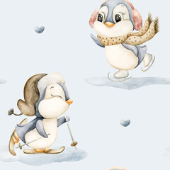 Cute Penguins Winter Fun Sports Seamless Pattern. Watercolor hand drawn illustration isolated on blue background ski