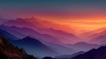 Fototapeta premium Majestic layered mountain range bathed in a vibrant sunset, creating a serene vista