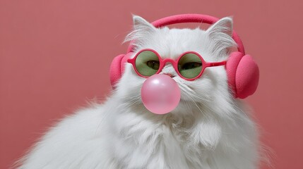Adorable fluffy white cat wearing pink headphones and green sunglasses, blowing bubble gum, against a vibrant pink background, showcasing a playful and trendy pet lifestyle