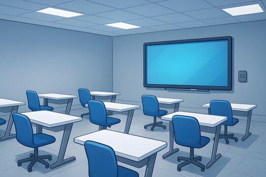 Modern classroom with blue chairs and digital screen