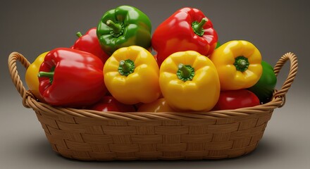 Vibrant bell peppers in a woven basket create a fresh, colorful display for healthy cooking inspiration and delicious meals, perfect for culinary blogs and food promotions
