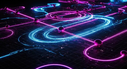 Dynamic neon network connecting nodes with vibrant blue and pink light trails, perfect for tech innovation, futuristic designs and modern communication concepts