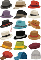 Colorful women’s hats in various styles and shapes, ideal for fashion, accessories, headwear design, retail, and seasonal vector illustration themes