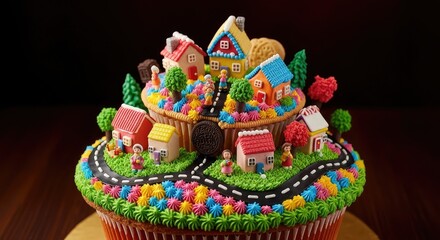 Whimsical cupcake village for a sweet celebration, a delightful treat with miniature houses and vibrant decorations, perfect for children's parties and themed events