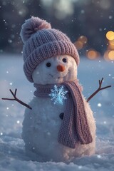 Charming winter snowman with soft falling snow and lights