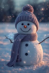 Cozy Christmas snowman scene with seasonal sparkle and depth