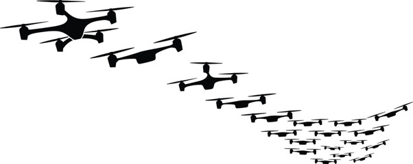 Black silhouettes of quadcopter drones in descending flight formation, ideal for aerial technology, drone swarms, motion design, and vector illustrations