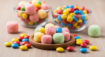 Colorful candy assortment perfect for sweet treats ads, vibrant confectionery displays, or fun dessert promotions with delicious sugary delights