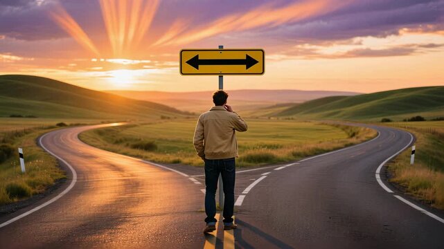 Man at country road split at sunset, thinking of life choices under golden sky, decision point, future direction