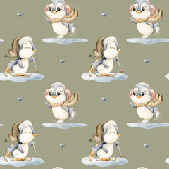 Cute Penguins Winter Fun Sports Seamless Pattern. Watercolor hand drawn illustration isolated on green background ski