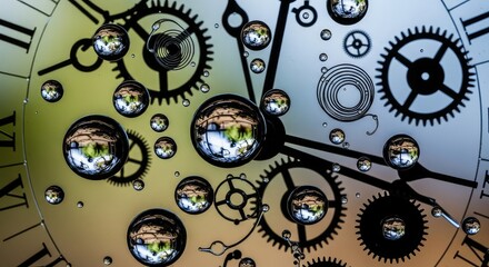 Intriguing macro of clockwork with water droplets creating captivating reflections, a unique artistic expression of time passing, perfect for creative projects