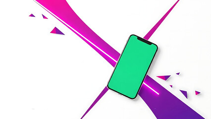 Modern smartphone with green screen, crossed design element, and abstract background concept