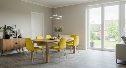Brighten your home with this dining room interior featuring a wooden table and vibrant yellow chairs, perfect for family meals and entertaining guests, modern style