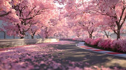 Obraz premium A race track winding through blooming pink cherry blossom trees on a sunny day.