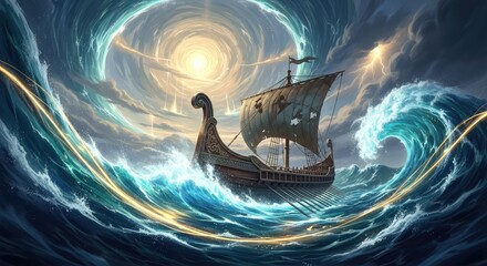 Stunning viking ship navigates turbulent waters under a dramatic sky, perfect for adventure stories, historical fiction covers, or fantasy game art