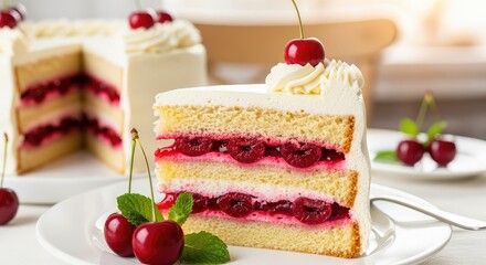 Indulge in a delicious cherry cake slice with creamy frosting and sweet filling for dessert, perfect for birthdays, celebrations, or a sweet afternoon treat