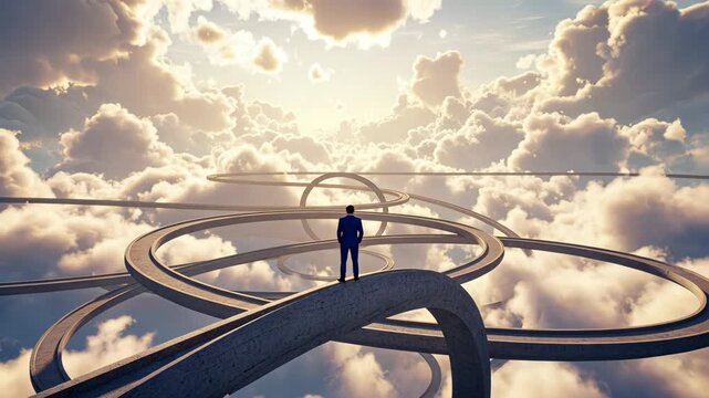 Businessman on sky bridges above clouds choosing path through endless maze, decision point, future direction