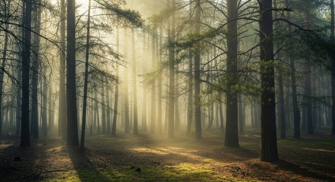 Foggy Pine Forest In Early Morning Light 