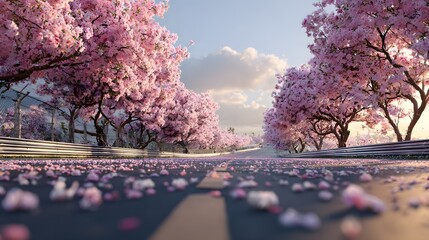Obraz premium A race track winding through blooming pink cherry blossom trees on a sunny day.