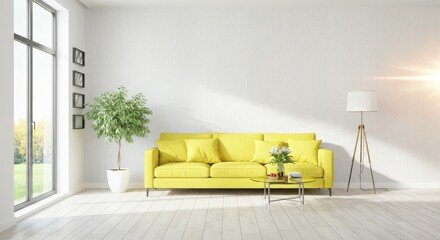 Brighten your designs with this modern living room, a yellow sofa and natural light create a fresh and inviting space for your next project or campaign