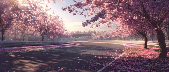 Obraz premium A race track winding through blooming pink cherry blossom trees on a sunny day.