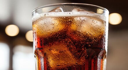 Refreshing cola with ice cubes and condensation drops, perfect for quenching thirst on a hot day, ideal for summer promotions and beverage ads