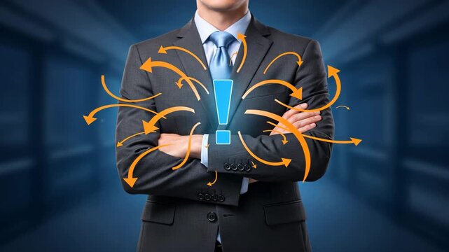 Businessman with glowing exclamation mark and arrows showing strategy, decision point, future direction