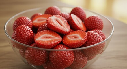 Fresh strawberries in glass bowl offer juicy sweetness, perfect for healthy summer snacking, baking inspirations, and vibrant dessert presentations