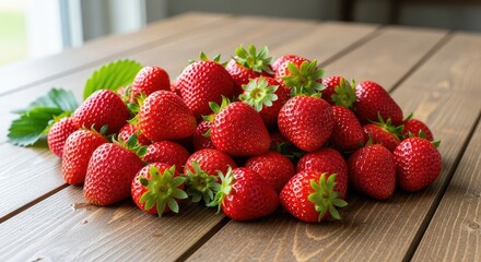 Freshly picked strawberries piled high on rustic wood table create summer sweetness and healthy eating vibes for vibrant food photography and delicious recipes