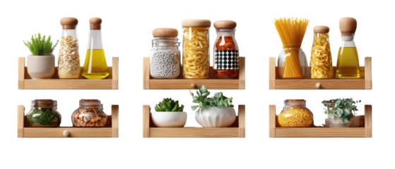 Culinary Corner: An organized display of culinary ingredients and seasonings sits on wooden shelves, enhancing a space of taste and culinary excellence. 
