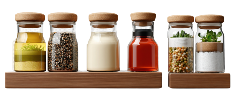 Spice Rack Collection: An array of glass jars, filled with an assortment of culinary ingredients and spices, is arranged neatly on a wooden shelf, offering a glimpse into a world of flavor and zest.