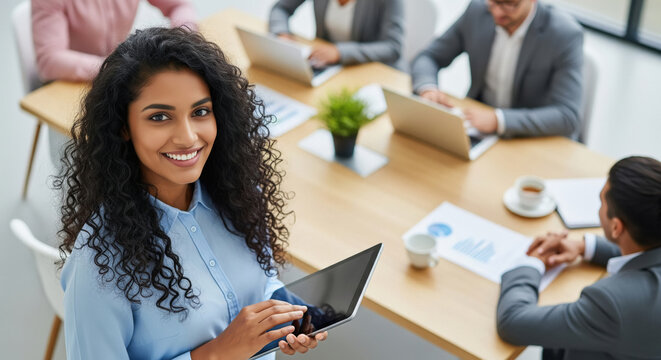 corporate female using tablet at meeting