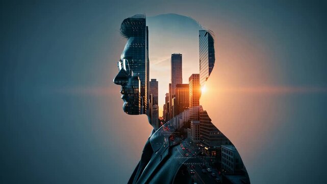 Businessman silhouette blended with city skyline showing vision and decision point, future direction