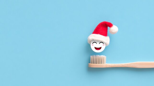 Fun holiday-themed toothbrush with a smiling face wearing a Santa hat, placed against a bright blue background, creating a cheerful and festive atmosphere for dental care