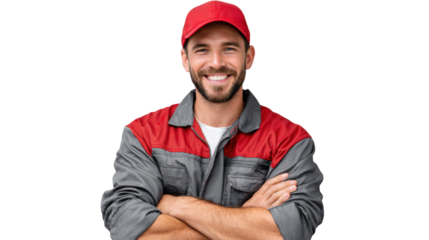 Smiling Technician: A friendly technician, radiating confidence and approachability, stands ready for service, arms crossed in a pose that shows trustworthiness.