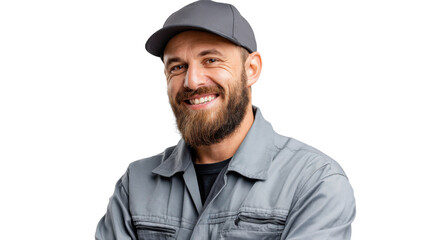 Smiling Technician in Gray Uniform: A cheerful technician with a neatly trimmed beard, wearing a gray uniform and cap, exudes confidence and expertise with a warm, genuine smile.