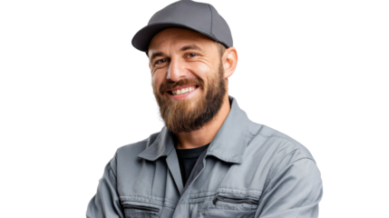 Smiling Technician in Gray Uniform: A cheerful technician with a neatly trimmed beard, wearing a gray uniform and cap, exudes confidence and expertise with a warm, genuine smile.