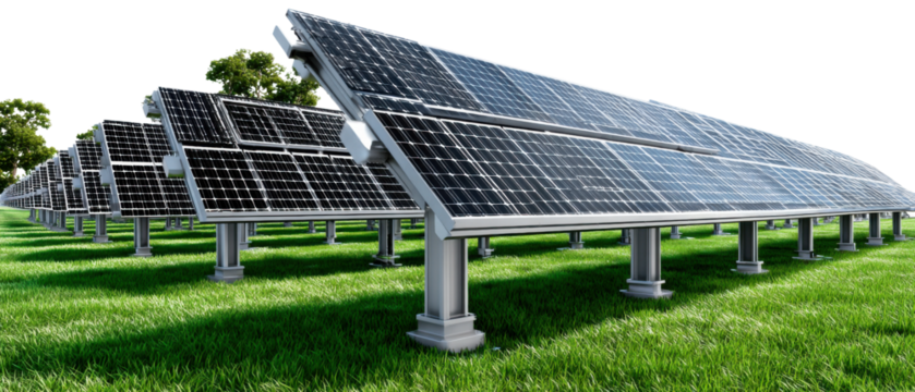 Solar Energy: A panoramic view of solar panels set against a backdrop of a clear blue sky, emphasizing sustainable energy. Harnessing nature's power.