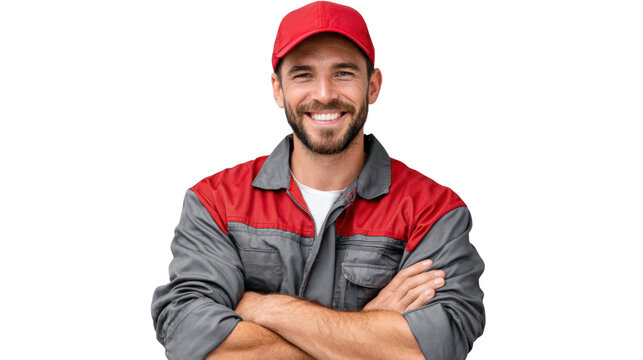 Smiling Technician: A friendly technician, radiating confidence and approachability, stands ready for service, arms crossed in a pose that shows trustworthiness.