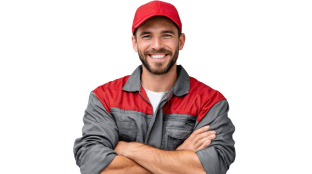 Smiling Technician: A friendly technician, radiating confidence and approachability, stands ready for service, arms crossed in a pose that shows trustworthiness.