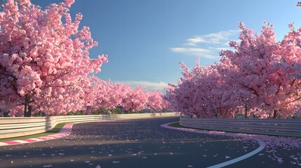 Obraz premium A race track winding through blooming pink cherry blossom trees on a sunny day.